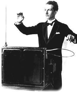 Leon Theremin plays his instrument.